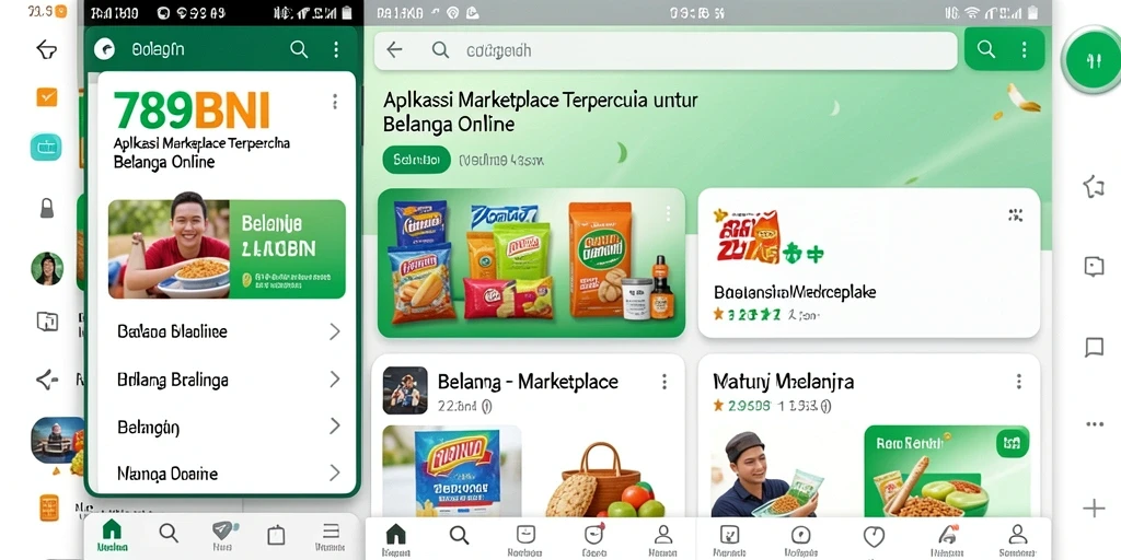 Antarmuka utama aplikasi 789BNI yang menampilkan produk Marketplace.