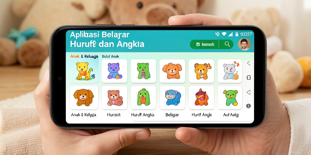 Tampilan antarmuka aplikasi Belajar Huruf dan Angka yang menarik.