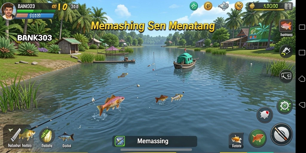 Screenshot BANK303 menunjukkan pemain yang sedang asyik memancing di danau yang indah.